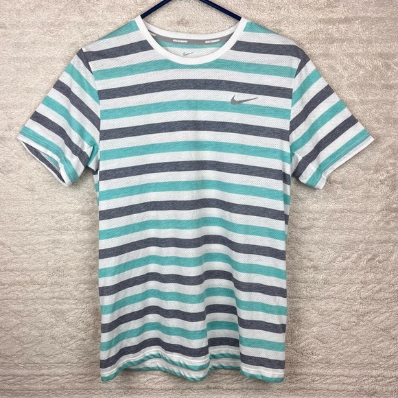 NIKE Mesh Running Top Striped Shirt Crewneck Back Zippered Pocket Medium - Picture 1 of 16